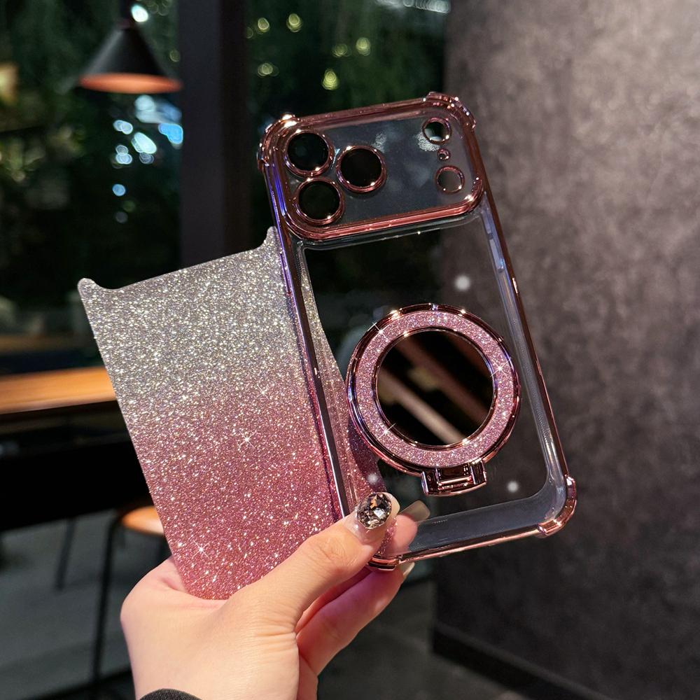 KEYSION Gradient Glitter Magnetic Phone Case for MagSafe for iPhone 17 Pro Max 17 Air Makeup Mirror Ring Stand Shockproof Cover