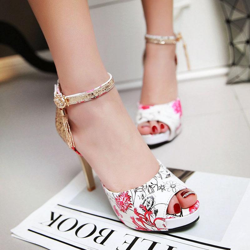 Women Summer Flower Print Shoes Fish Mouth High Heel Ladys Platform Sandals Evening Dress Wedding Shoes Femal Zapatos De Mujer
