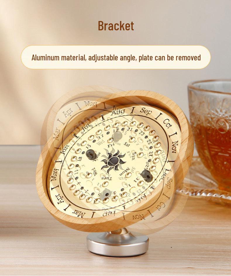 Adjustable Wooden Sundial Perpetual Calendar, Desktop Ornament and Timer for Home or Office Decor
