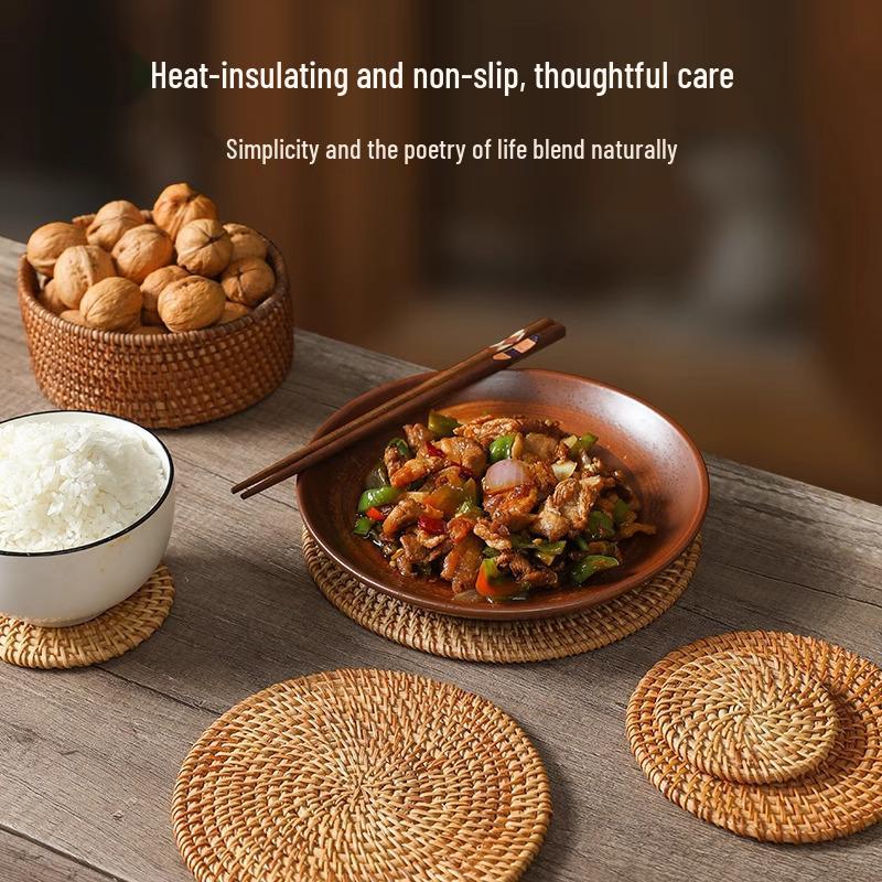 Rattan Heat-Resistant Trivet & Coaster Set: Anti-Scald Pot, Bowl, Plate, and Teapot Mats for Dining Tables