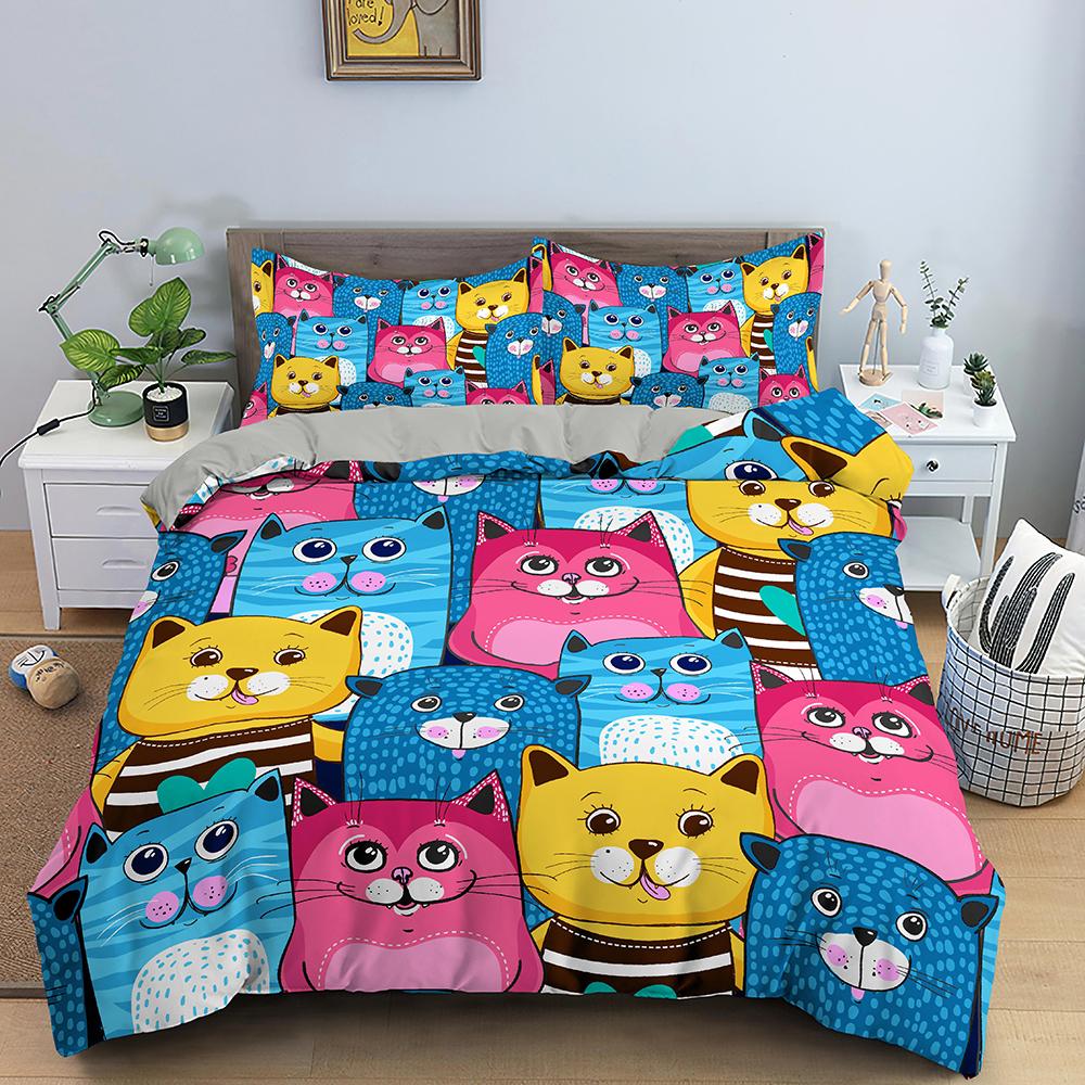Cartoon Cat Duvet Cover King Queen Lovely Kitty Feet Pattern Bedding Collection For Kids Boys Girls Animal 23Pcs Polyester Quilt Cover