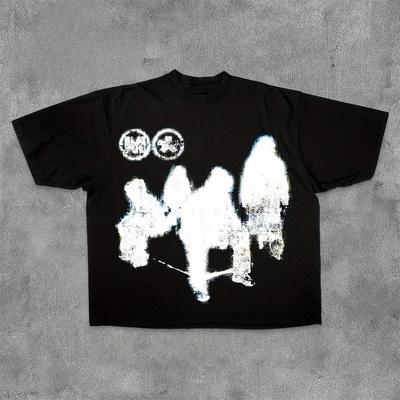 BBK Men's Y2K-Inspired 100% Cotton T-Shirt - Soft Comfortable Black with Abstract White Figures Design Casual Short Sleeve