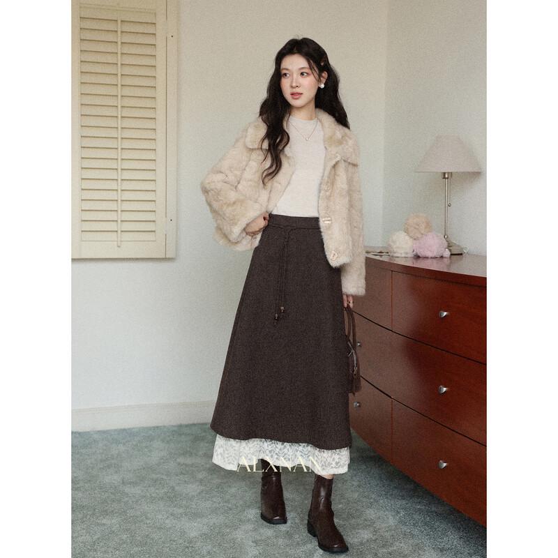 Maple Latte Lace Spliced Midi Skirt