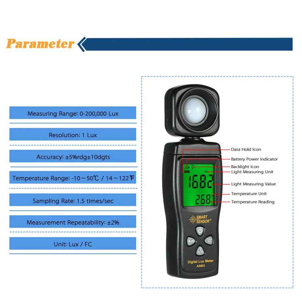 1-200,000 Lux Measurement Tool AS813 Easy to Operate and Hold High Precision Digital Lux Meter Light Meter Luminance Tester Photometer Range 1-200,000 Lux Measurement Tool AS813 Easy to Operate and Hold High Precision Digital Lux Meter Light Meter Luminance Tester Photometer Range