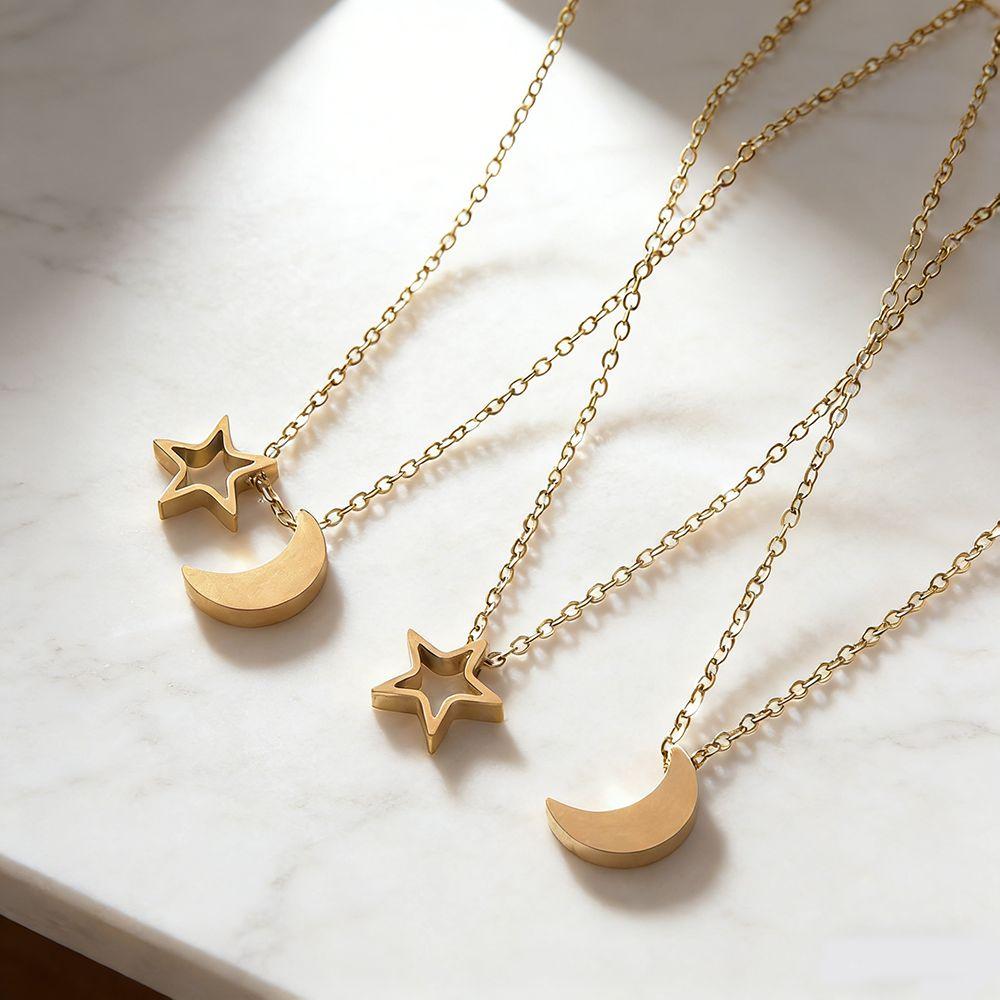 Pentagram Star Moon Necklace Stainless Steel Couple Neck Chain Valentine's Day Necklace Girl