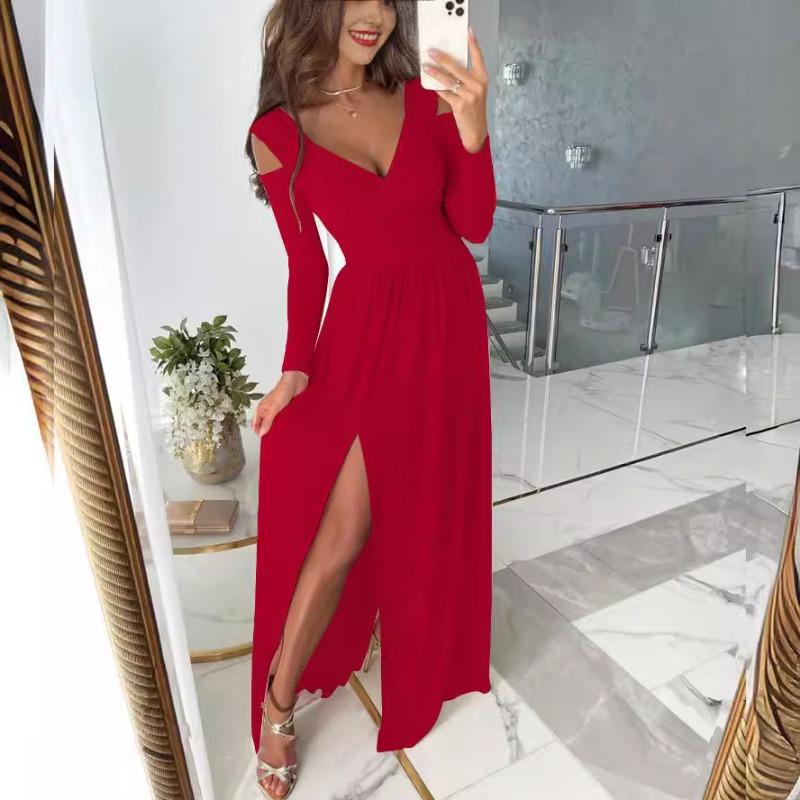 Women Casual Long Sleeve V Neck Solid Color Irregular Slit Hem Long Dress