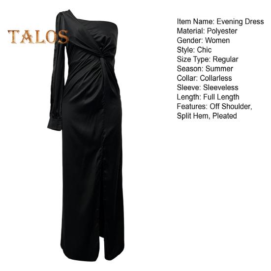 Lady Evening Dress One Shoulder Sleeveless Split Hem Solid Color Slim Waist Pleated Solid Color Off Shoulder Prom Cocktail Party Maxi Dress Ball Gown