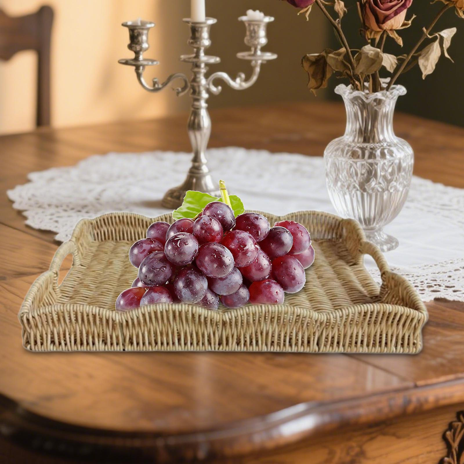 

Hand Woven Imitation Rattan Serving Tray with Handles for Breakfast, Drinks, Snack Dining/Coffee