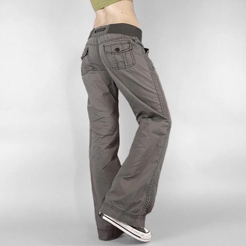 ZYLLO Retro Snörning Låg Midja Byxor Streetwear Patchwork Lös Casual för Kvinnor Harajuku Raka Byxor Koreansk Mode