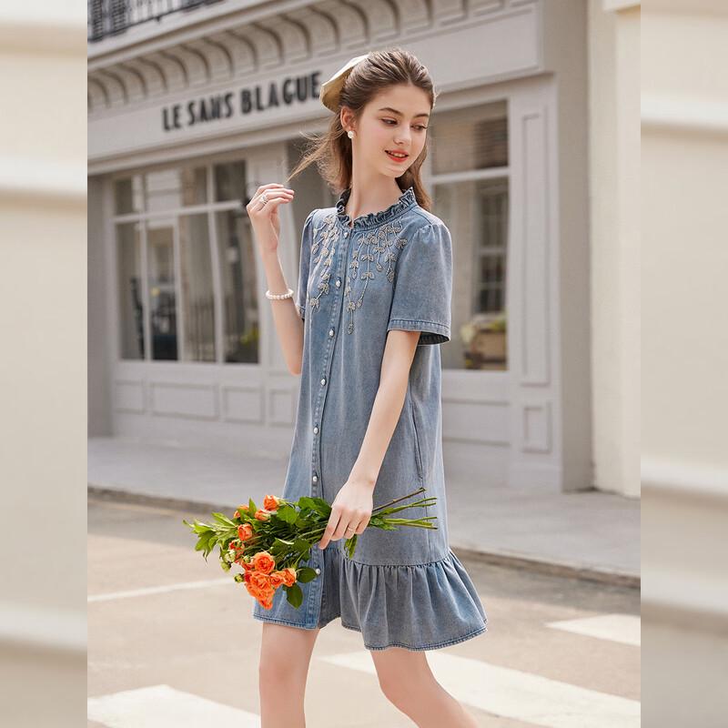 Women's Embroidered Ruffle Denim Midi Dress