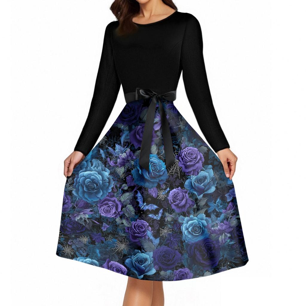 Women's Vintage Long Sleeve Round Neck Halloween Print Party Dress Retro Style Full Skirt with Waist Tie Elegant Evening Dress