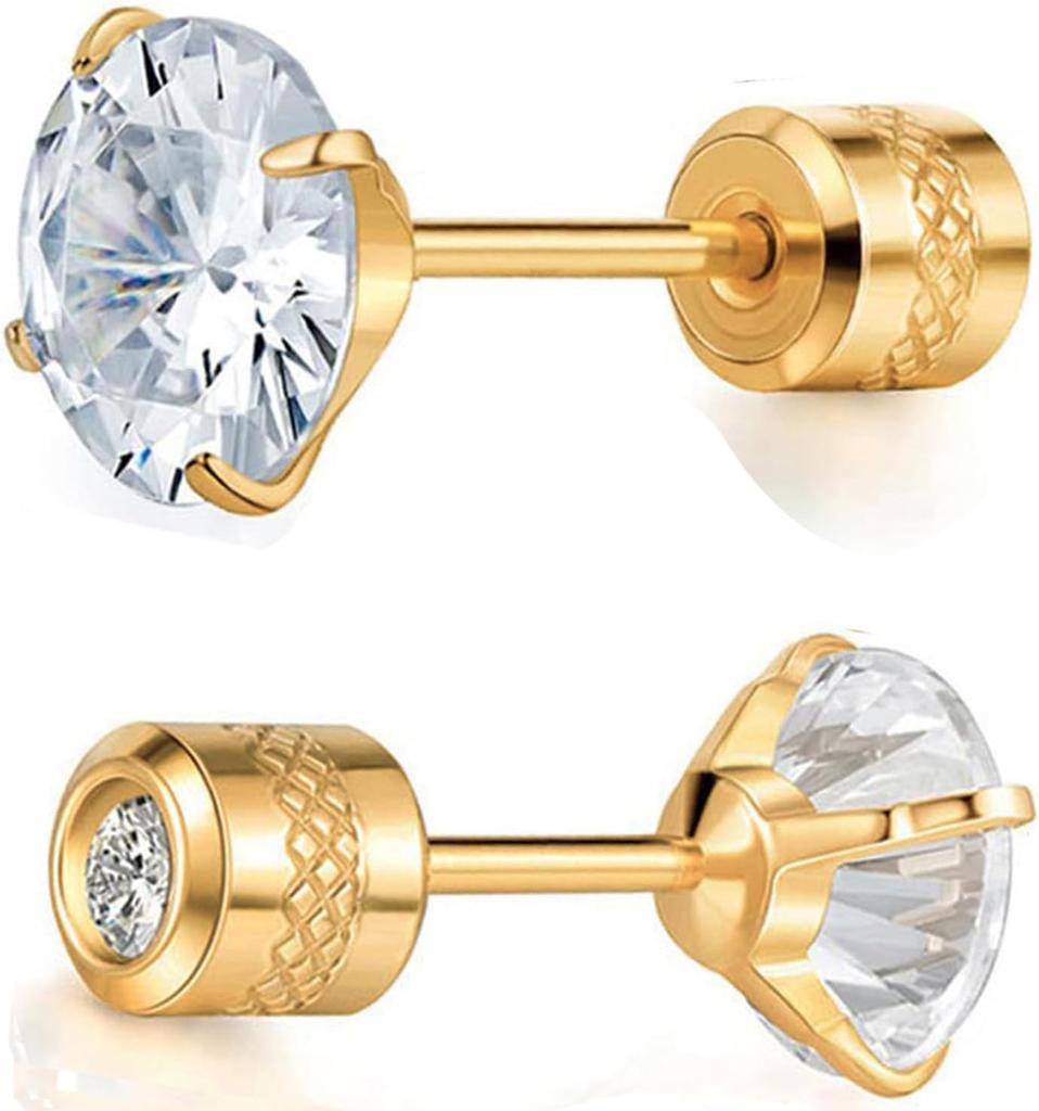 6 Pairs Screw Back Stud Earrings Set Surgical Stainless Steel Double Sided Round Cubic Zirconia Earrings for Women Men