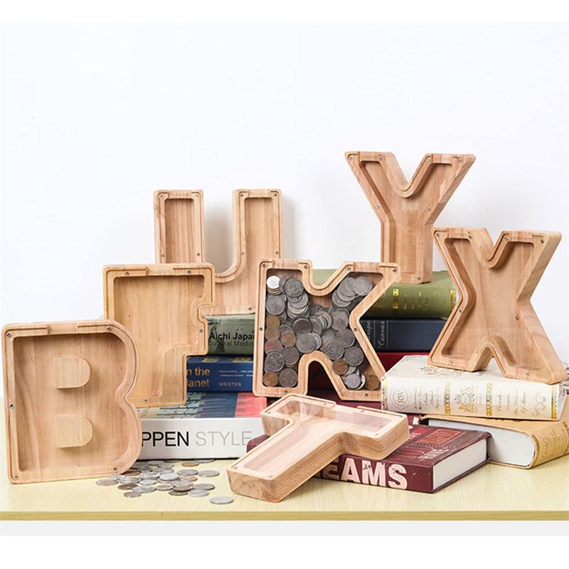 18cm Twenty-six Letter Piggy Bank Wooden Coin Money Saving Box Jar Coins Storage Box Desktop Ornament Home Decor Craft Xmas Gift