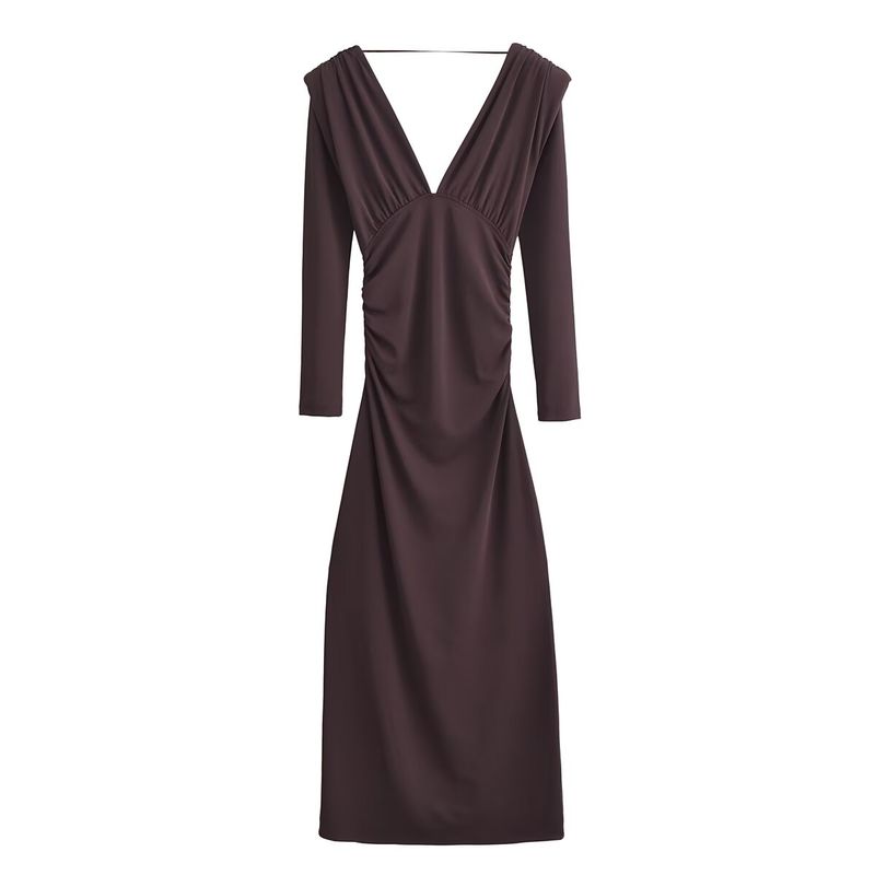 

Kaslead New Arrival Women s Clothing Fashion Style Silm Ruched Decorative Band Padded Shoulder Length Dress 1131854 Maroon L