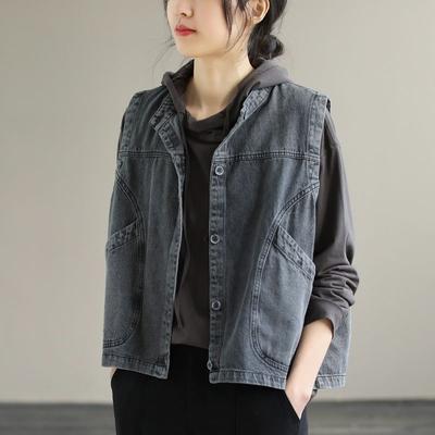 Vintage Ärmellose Breite Schulter Denim Weste Für Frauen Frühling Herbst Revers Einreiher Jean Strickjacke Einfache Casual Weste Tops