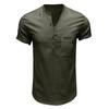 Men's Solid Color Cotton Linen Henley Pocket Shirt, Short-Sleeved