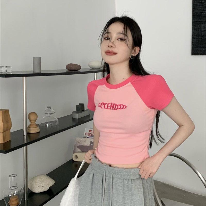 

Женская футболка весна-лето с короткими рукавами и короткими рукавами, облегающая блузка с круглым вырезом, облегающий короткий топ S-XXL M розовый