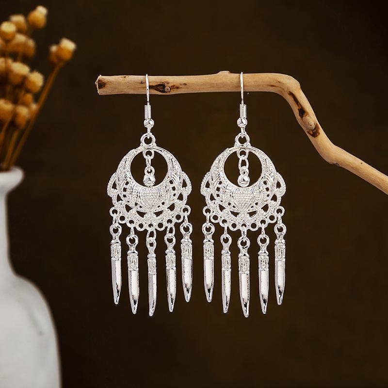 Ethnic Miao Silver Leaf Tassel Earrings