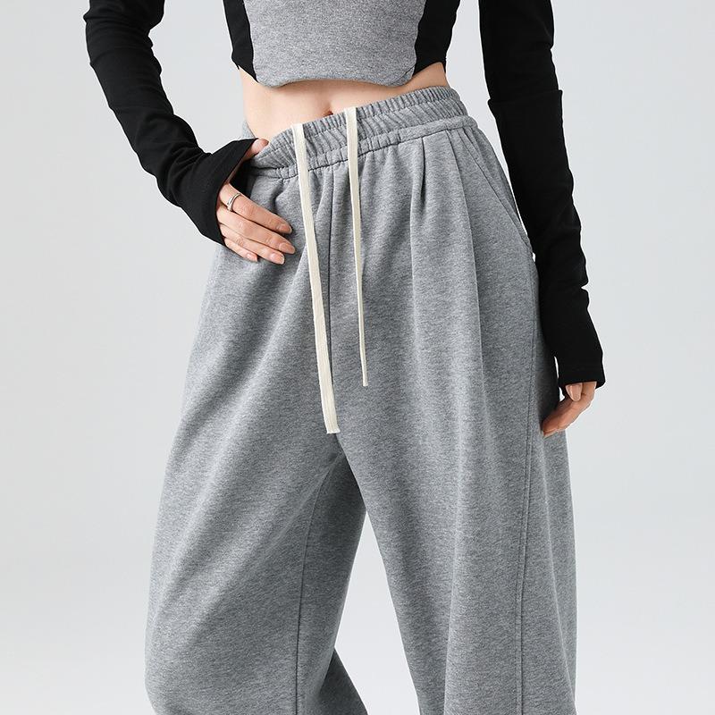Gray corset sweatpants women's autumn and winter fleece thickened wide-leg pants new high-waisted loose bloomers sweatpants