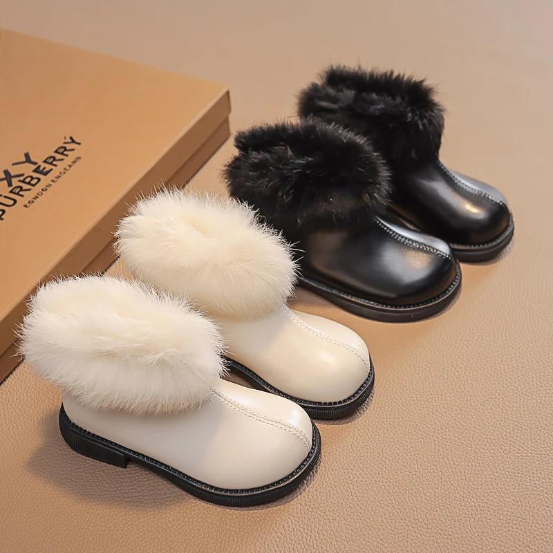 Girls Boots Plush Versatile Soft Warm Autumn and Winter Korean Style Children Fashion Casual Short Boots PU Cotton Kids Boots