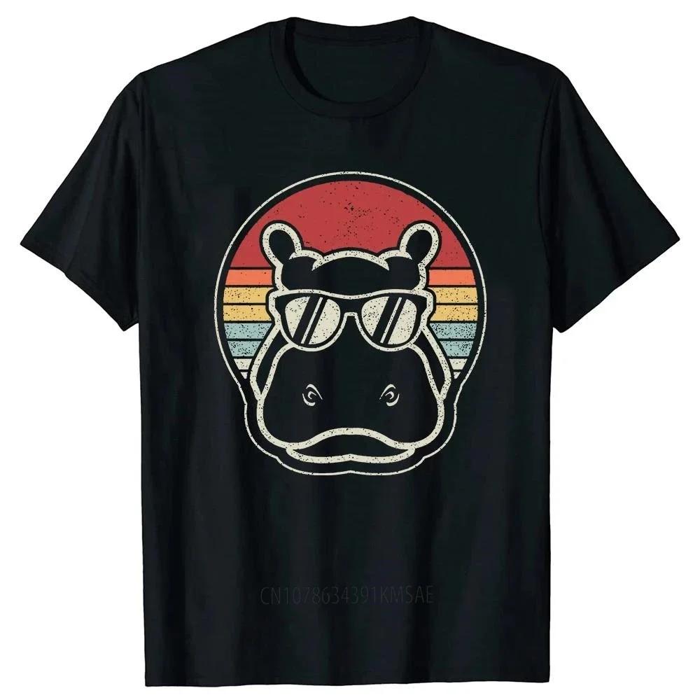 Clothing Casual Basic T-shirts Retro Vintage Hippo Hippopotamus Sunglass Tee Tops Round Neck Short-Sleeve Fashion T Clothing
