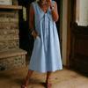 women's Tie Front Lace Trim Solid Color Linen Blend Sleeveless Midi Dress Loose Casual Sundress