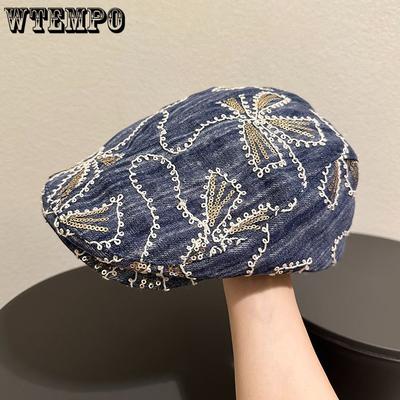 Summer Retro Spring/Summer Sparkle Flower Cowboy Forward Hat Beret Painter Fashion Duck Tongue Hat