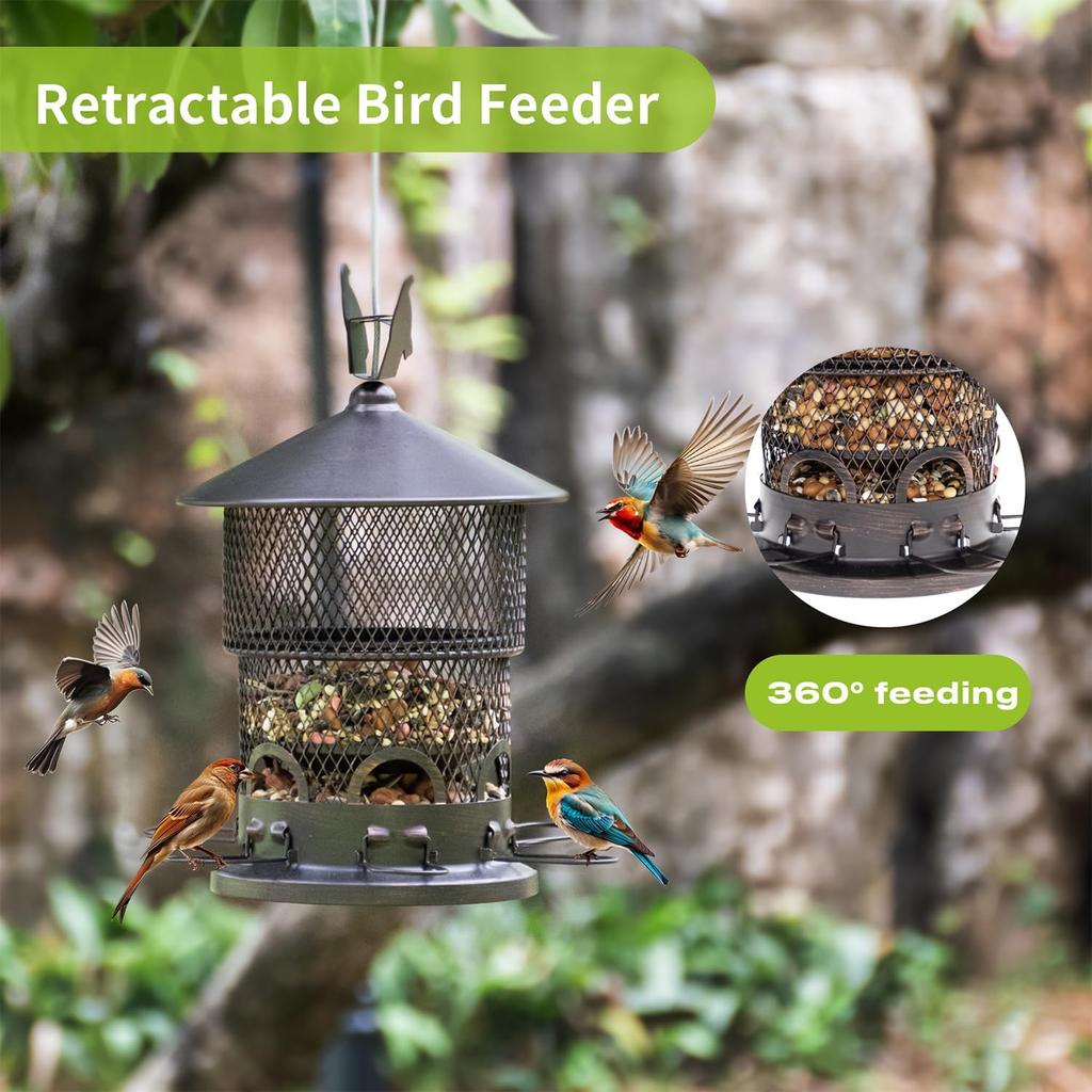 Bird Feeder for Outdoors Hanging, Wild Bird Feeders with Metal Mesh, Squirrel Proof Birdfeeder,4.3lb Retractable Seed Feeder,6 Perches for Bluebird,