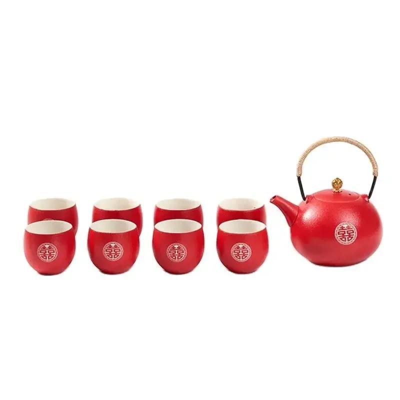 Boutique Ceramic Filter Tea Pot Set Household Tea Pot and Cup Set Chinese Style Wedding Red Teaware Gifts  Productos Chinos