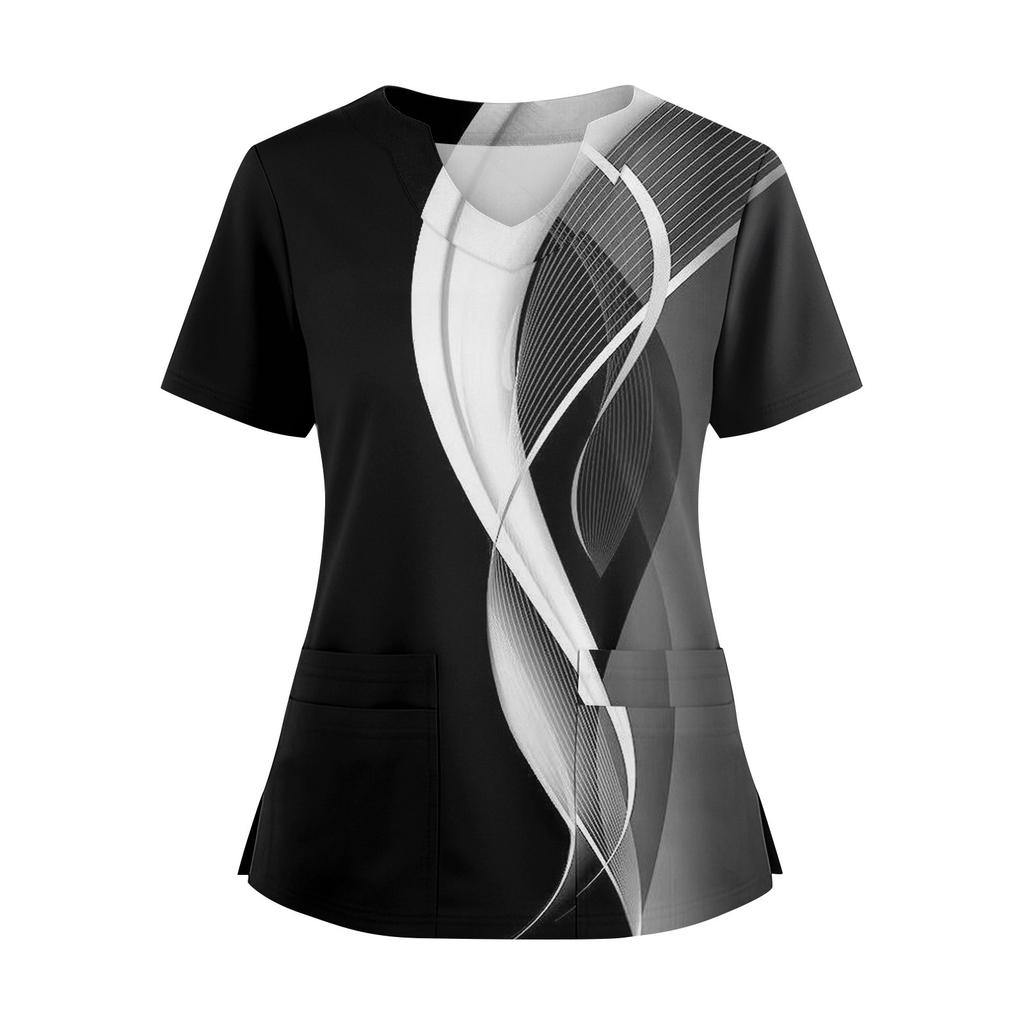 Damen locker kurzärmlig modisch geometrischer Druck von Pflanzen und Blumen Druck V-Ausschnitt knopfbar Seitenschlitz Oberteil T-Shirt