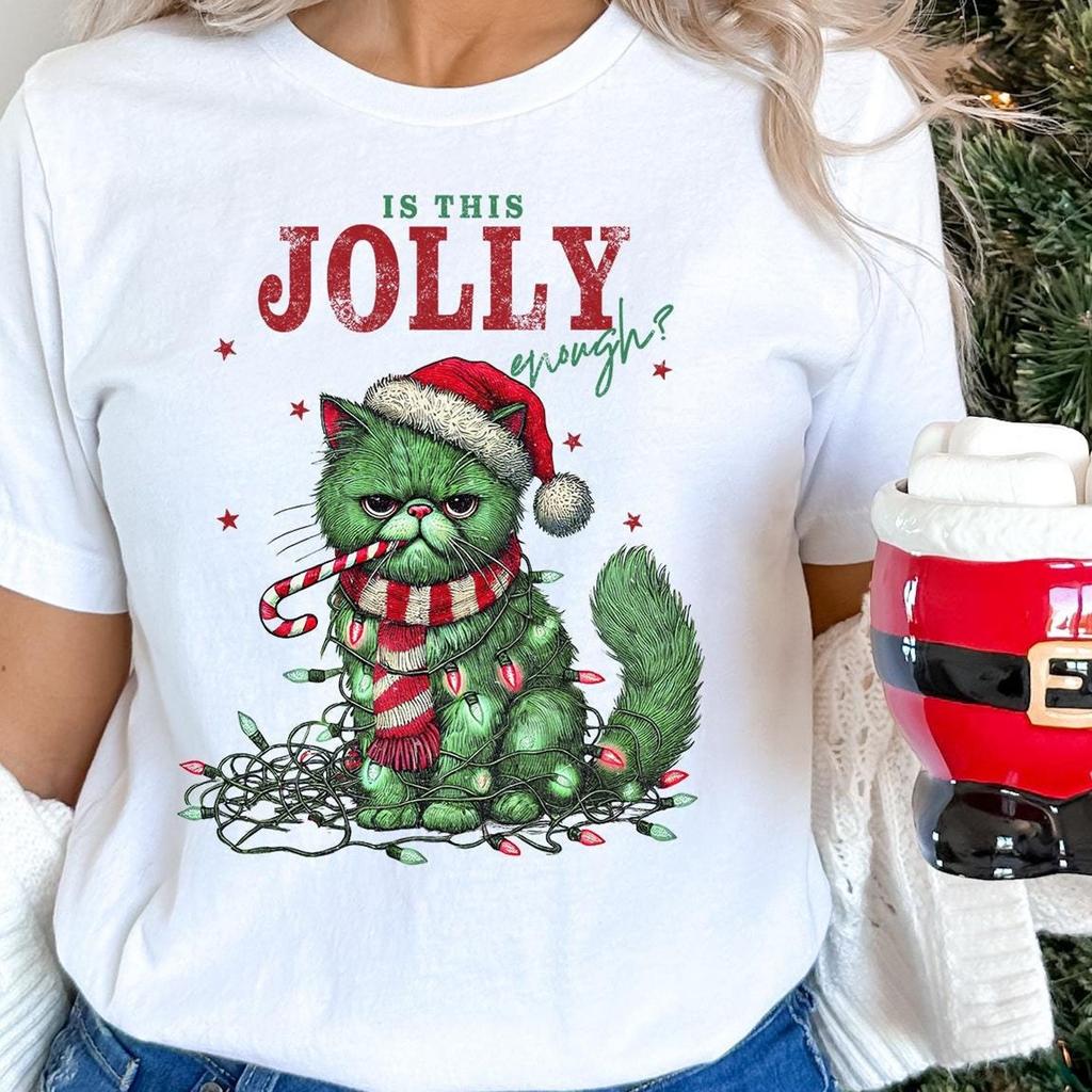 Grumpy Cat Christmas Shirt, Jolly Enough Shirt, Cat T-Shirt, Funny Cat Sweatshirt, Gift for Cat Lovers, Animal Lover, Cat Mom, Gift for Mom