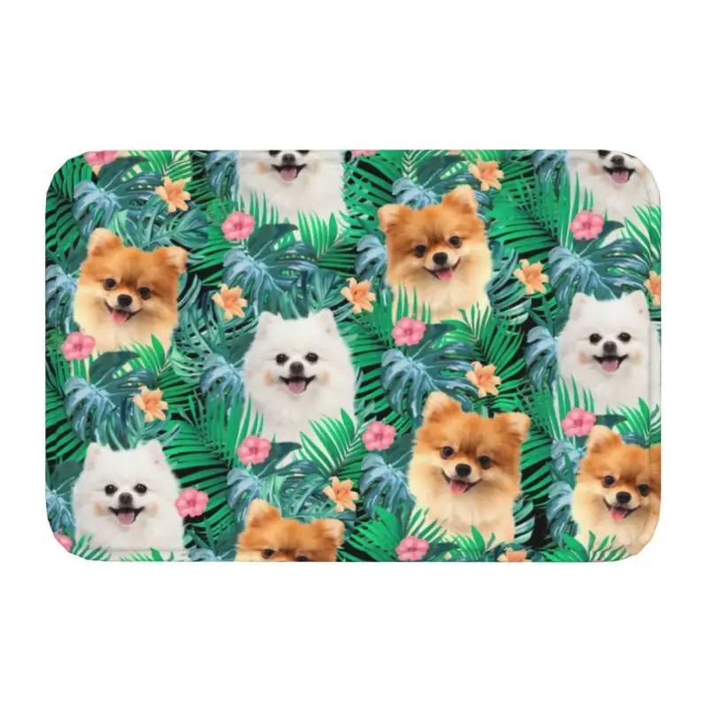 Pomeranian Dog With Summer Leaf Doormat Non-Slip Kitchen Bathroom Mat Garden Garage Floor Door Entrance Carpet Rug
