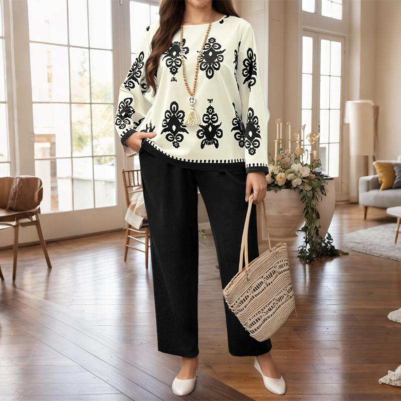 ZANZEA Women Long Sleeve Print Blouse and Pants Casual Two Piece Suit Sets