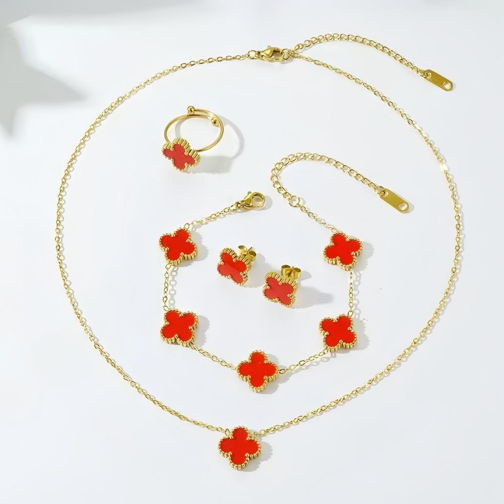 13mm Trendy Four-Leaf Clover Set Titanium Steel Necklace Earrings Bracelet and Ring Set
