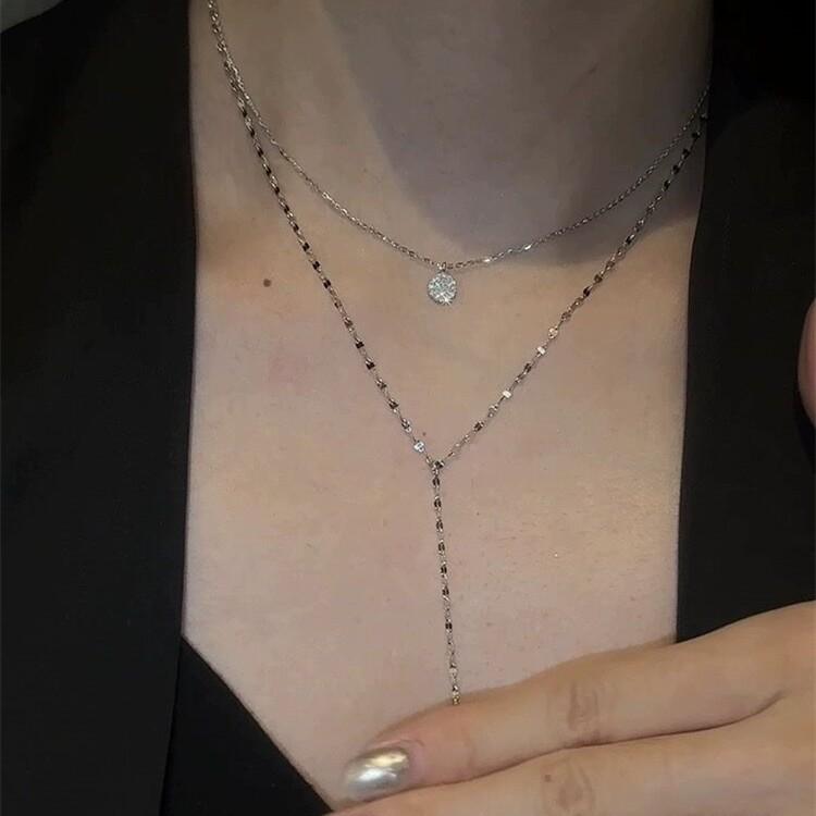 New High-end Long Y-shaped Fringed Diamond Necklace for Women's Niche Light Luxury Double-layer Collarbone Chain