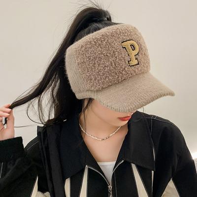Plush Knitted Empty Top Hat Ladies Autumn Winter Cold Wool Baseball Cap Tide Letter P Cycling, Sports