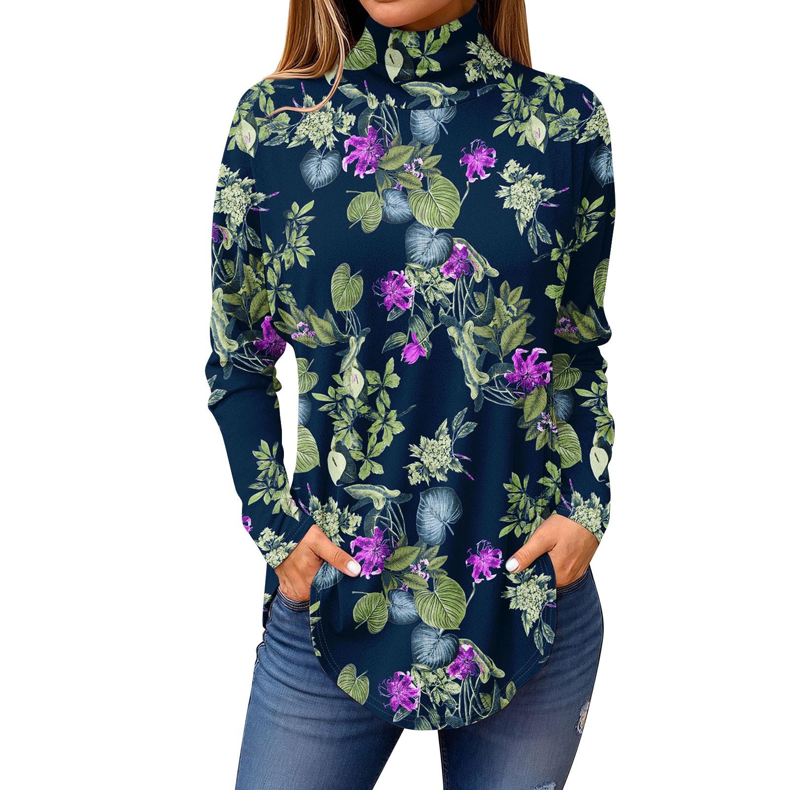 

Tee Shirts For Women Fall Casual Long Sleeve Shirts Sweatshirt Vintage Printed High Neck Top Pullover XL тёмно-синий