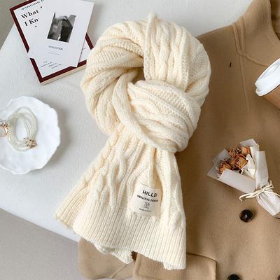 White Retro Braided Wool Scarf for Women In Winter Soft and Versatile Solid Color Korean Style Warm Scarf Korean Version