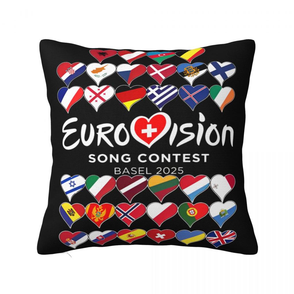 Concours Eurovision de la Chanson Drapeaux Cœurs Esc Ebu Eurofans Taie d'Oreiller Housse de Coussin Musical Décoration Taie d'Oreiller Pour Voiture 45X45Cm