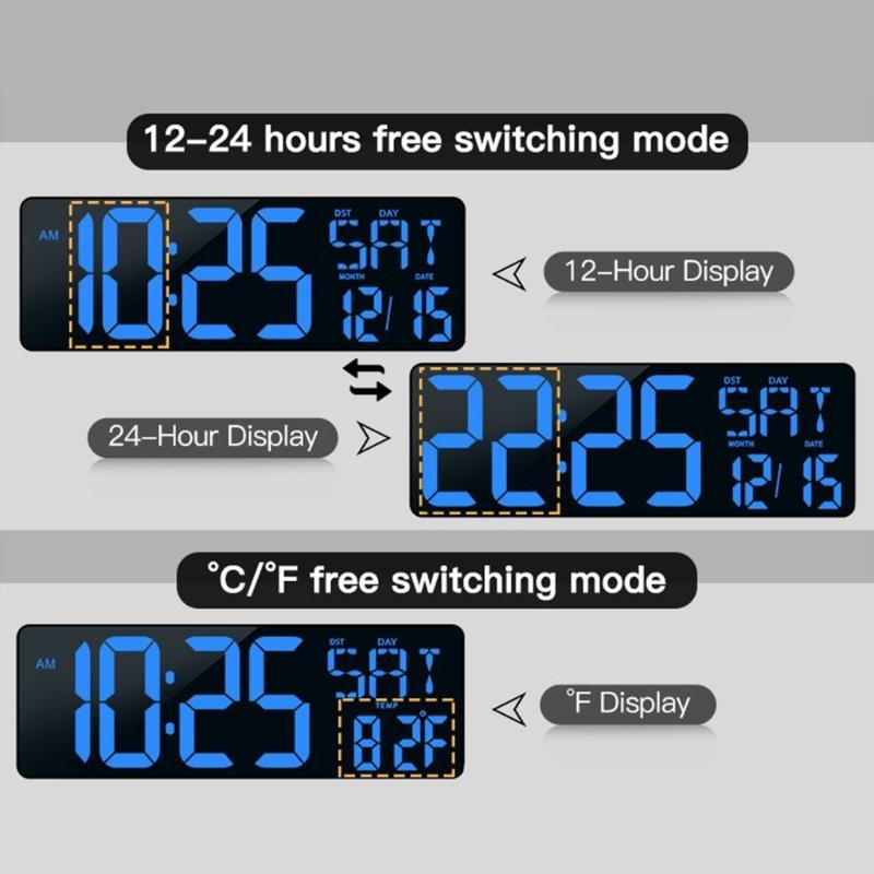 Multifunctional 16.5'' LED Digital Wall Clock with Alarm Function Date and Temperature Easy to Read Display for Elderly