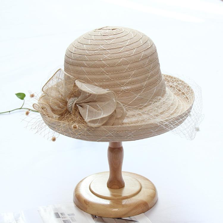 European and American lace mysterious mesh crimped top hat elegant diamond bow sun hat women's summer fashion sun hat