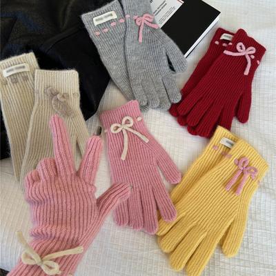 Solid Color Knitted Winter Women'S Touch Screen Windproof And Velvet Warm And Cold Resistant Woolen Gloves For Women'S Fingers Winter Red Gloves