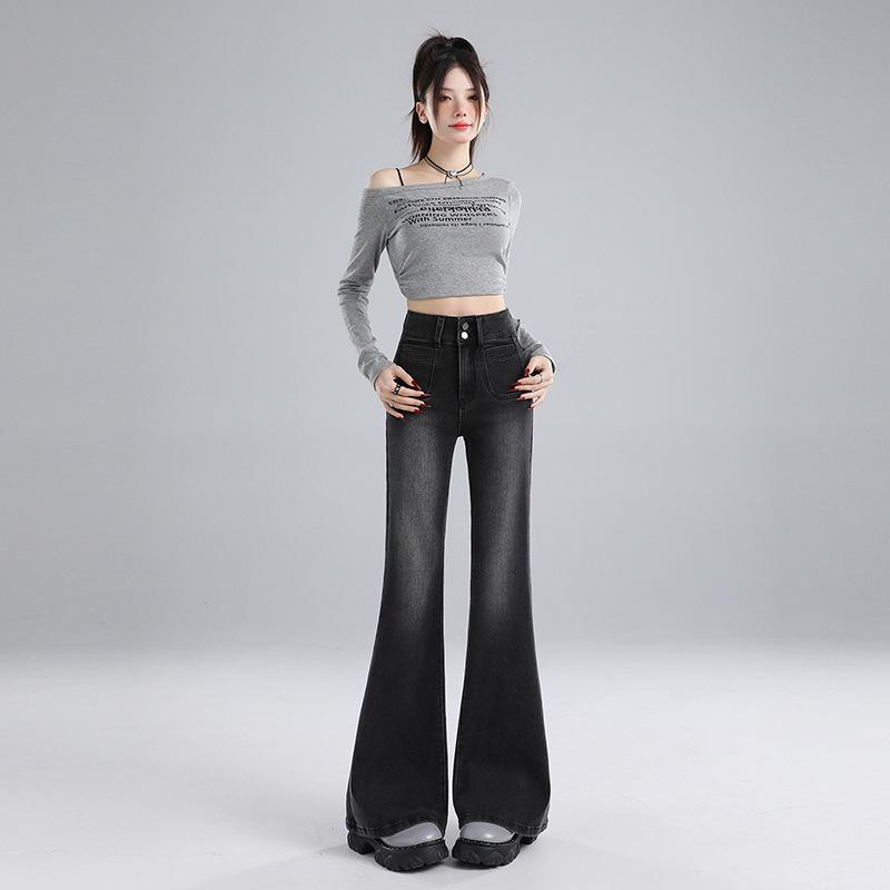 Autumn and Winter Black and Gray Slightly Pulled Jeans Women's New Autumn High-waisted Thin Small Flared Pants