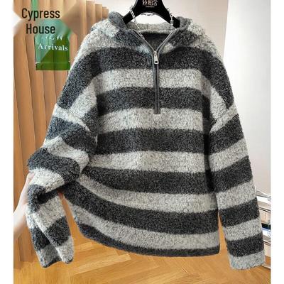 Si Baishe Women's Autumn Striped Hooded Loose-Fit Sweater