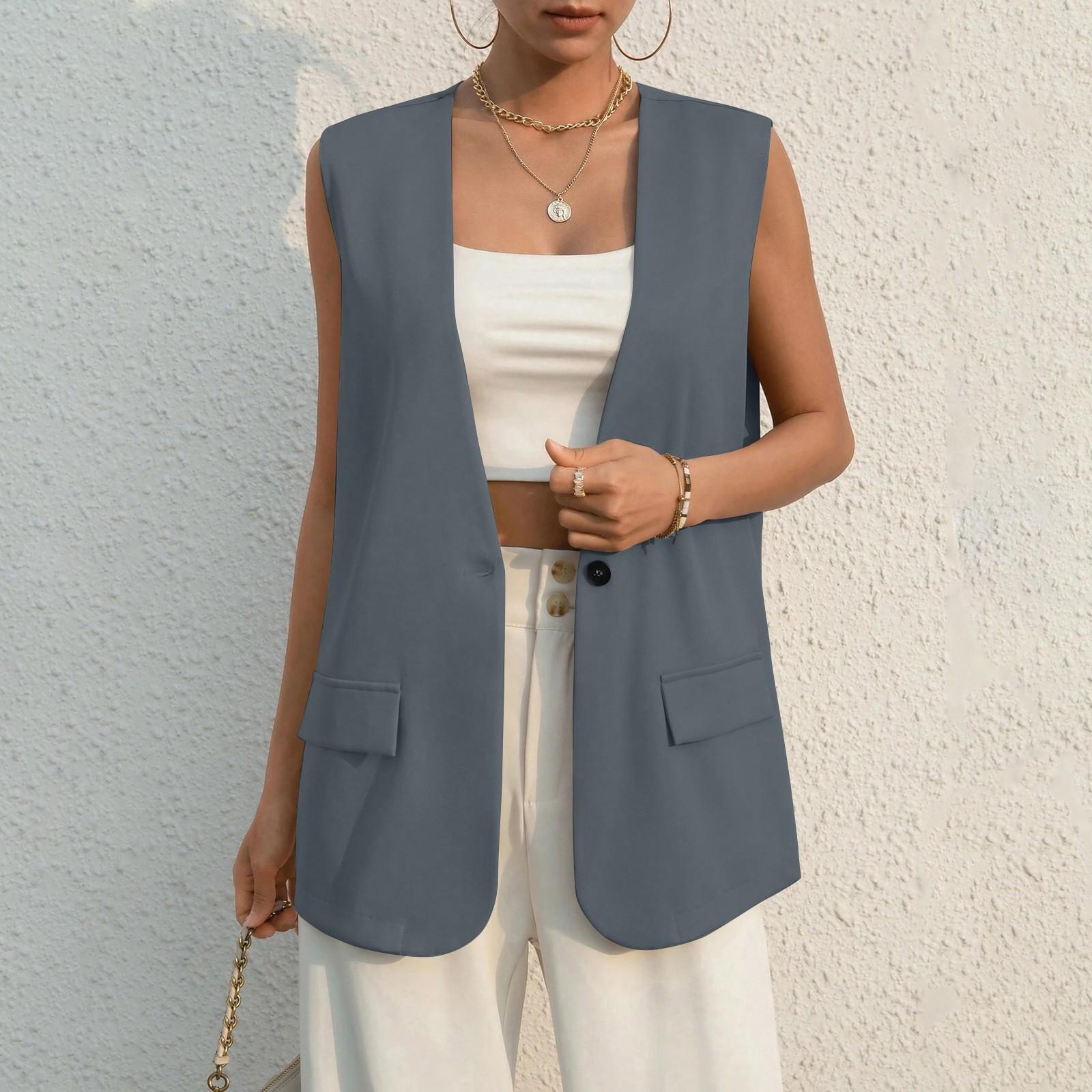 

Женская мода приталенный жилет с пуговицами спереди, винтажный безрукавный жилет с прорезными карманами, женская верхняя одежда, шикарные жилеты, мятно-зеленые, черные топы S темно-серого