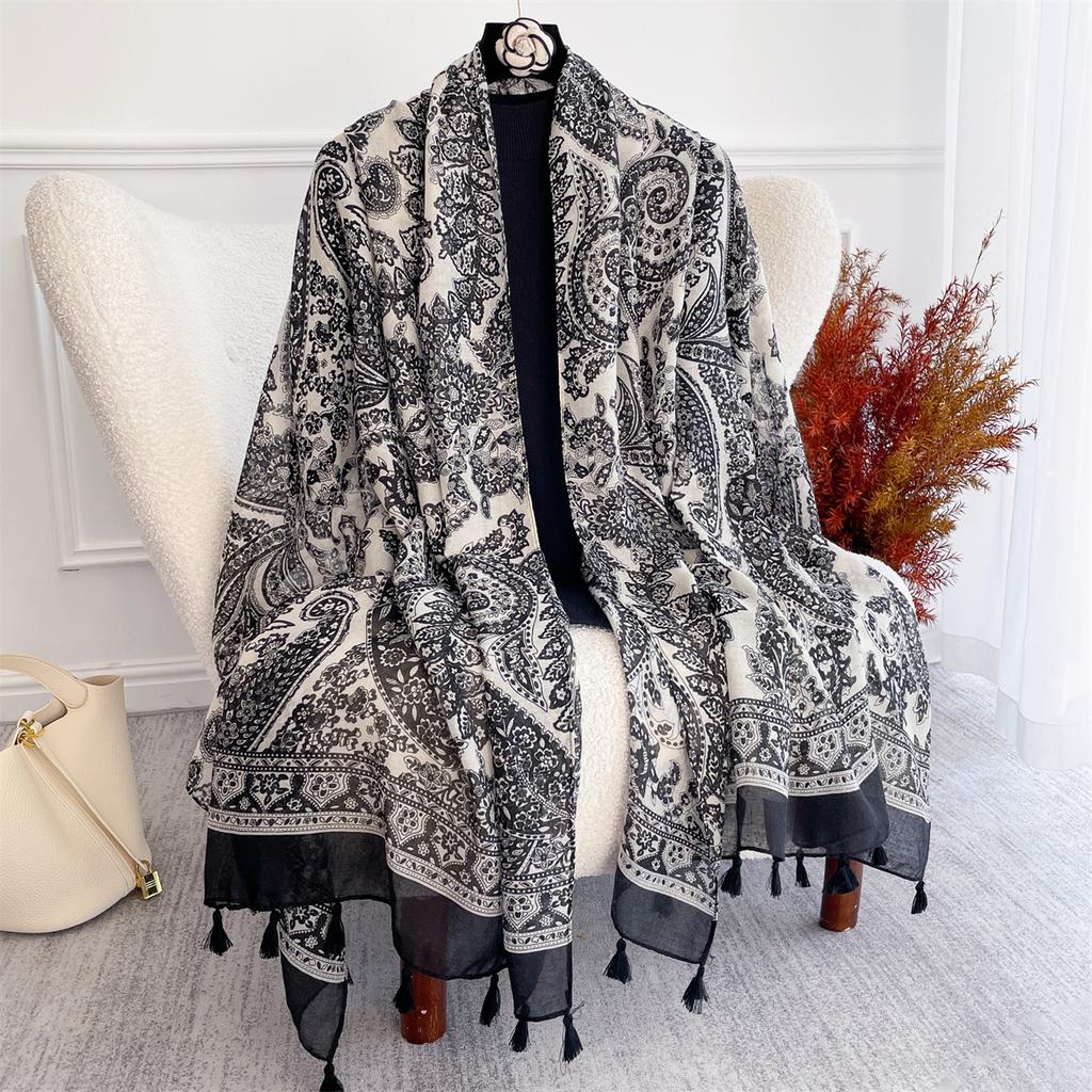88*180cm Luxury Soft Women Viscose Scarf Female Floral Cotton Linen Feeling Shawl Tassel Muslim Hijab Pashmina Wraps