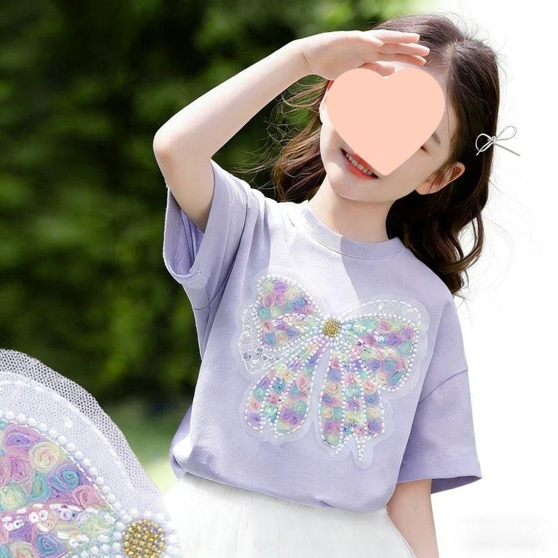 Girls Cotton Short Sleeve T Shirt with Bow Loose Casual Top for Summer 110
