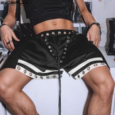 Men Elastic Waist Mesh Sheer Hollow Bandage Mini Pants Shorts