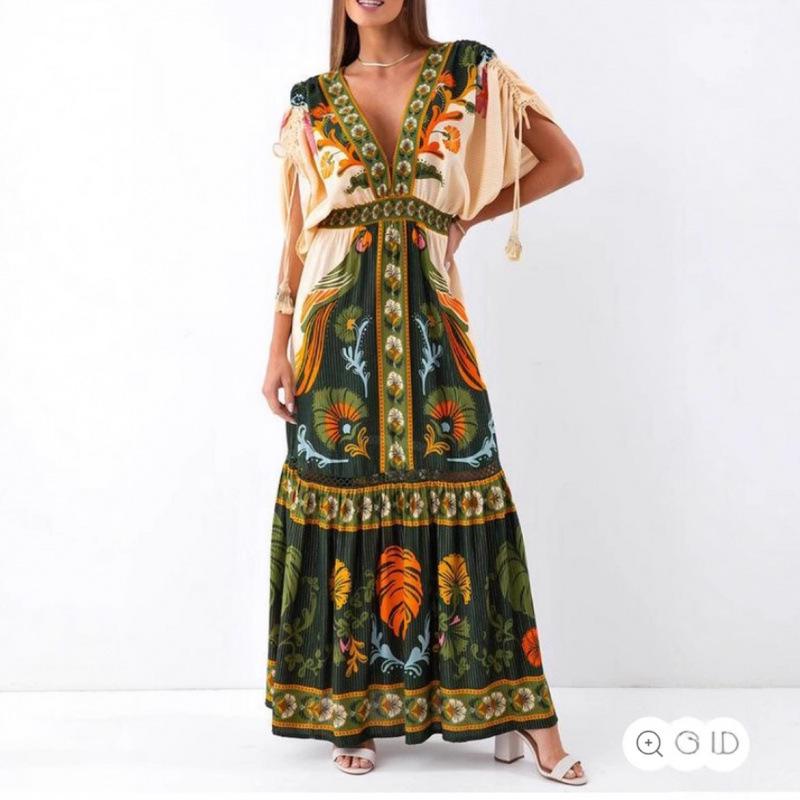 2025 European & American Summer V-neck Retro Ethnic Linen Dress for Women