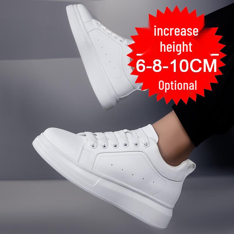 Men's White Height-Increasing Sneakers with Thick Sole, Invisible Inner Lift, and Casual Style, Large Sizes Available, 10cm Boost.